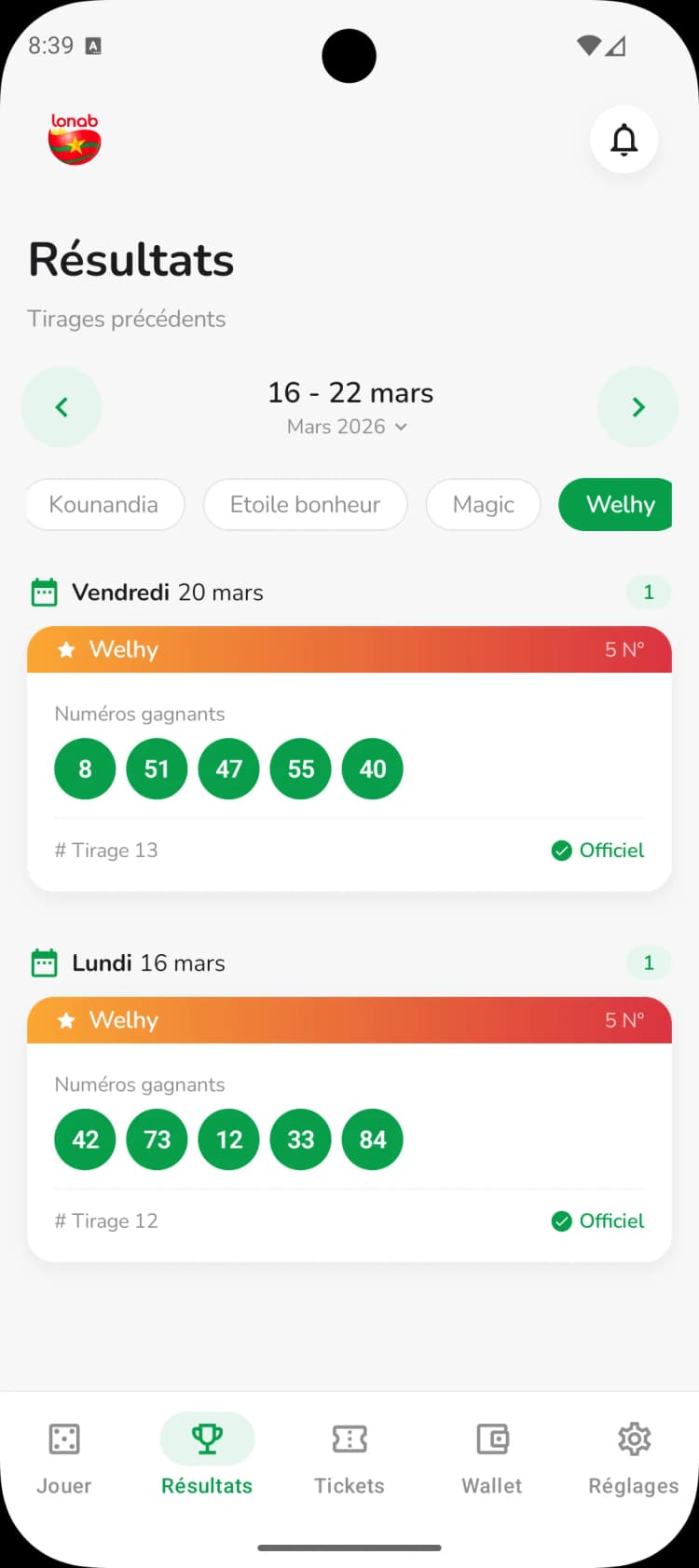 Faso Loto - Résultats des tirages