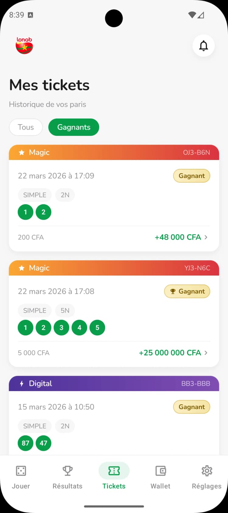 Faso Loto - Tickets gagnants